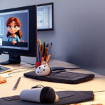 anime style young woman editing video 3d character illustration