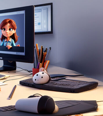 anime style young woman editing video 3d character illustration