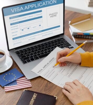 visa application composition with europe america flag